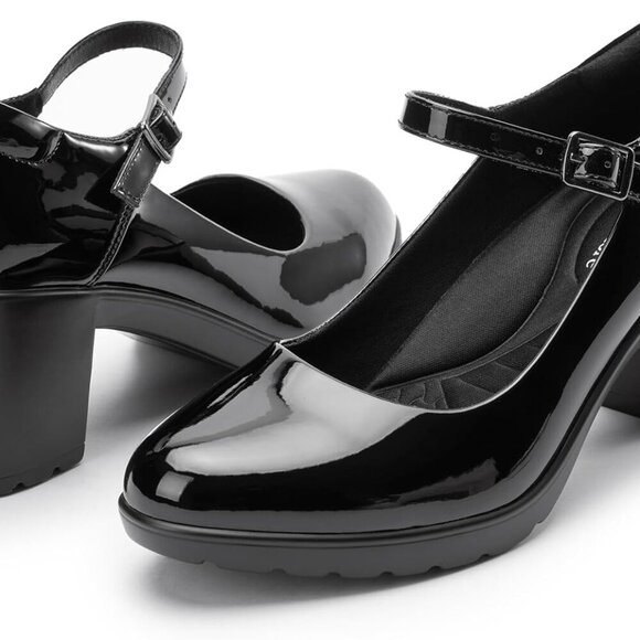 Women’s Mary Jane Heels Faux Leather Chunky Block Heel Size 5.5 Comfortable - Picture 1 of 6